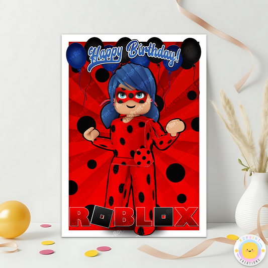 Digital printable Roblox Miraculous Ladybug inspired birthday card, ideal for a themed kids' birthday celebration.