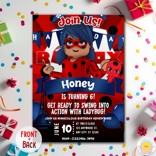 Digital printable Roblox Miraculous Ladybug inspired birthday invitation template, perfect for a themed party celebration.