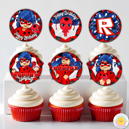 Digital printable Roblox Miraculous Ladybug inspired cupcake toppers, ideal for a themed kids' birthday celebration.