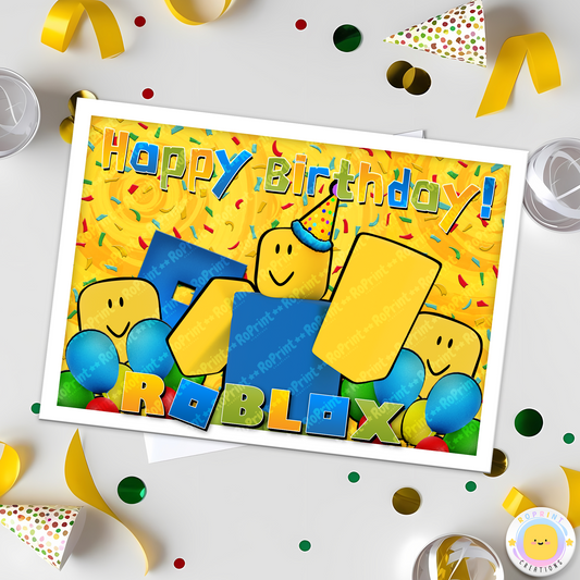 Digital printable Roblox Noob birthday card, ideal for a playful and fun kids' birthday celebration.