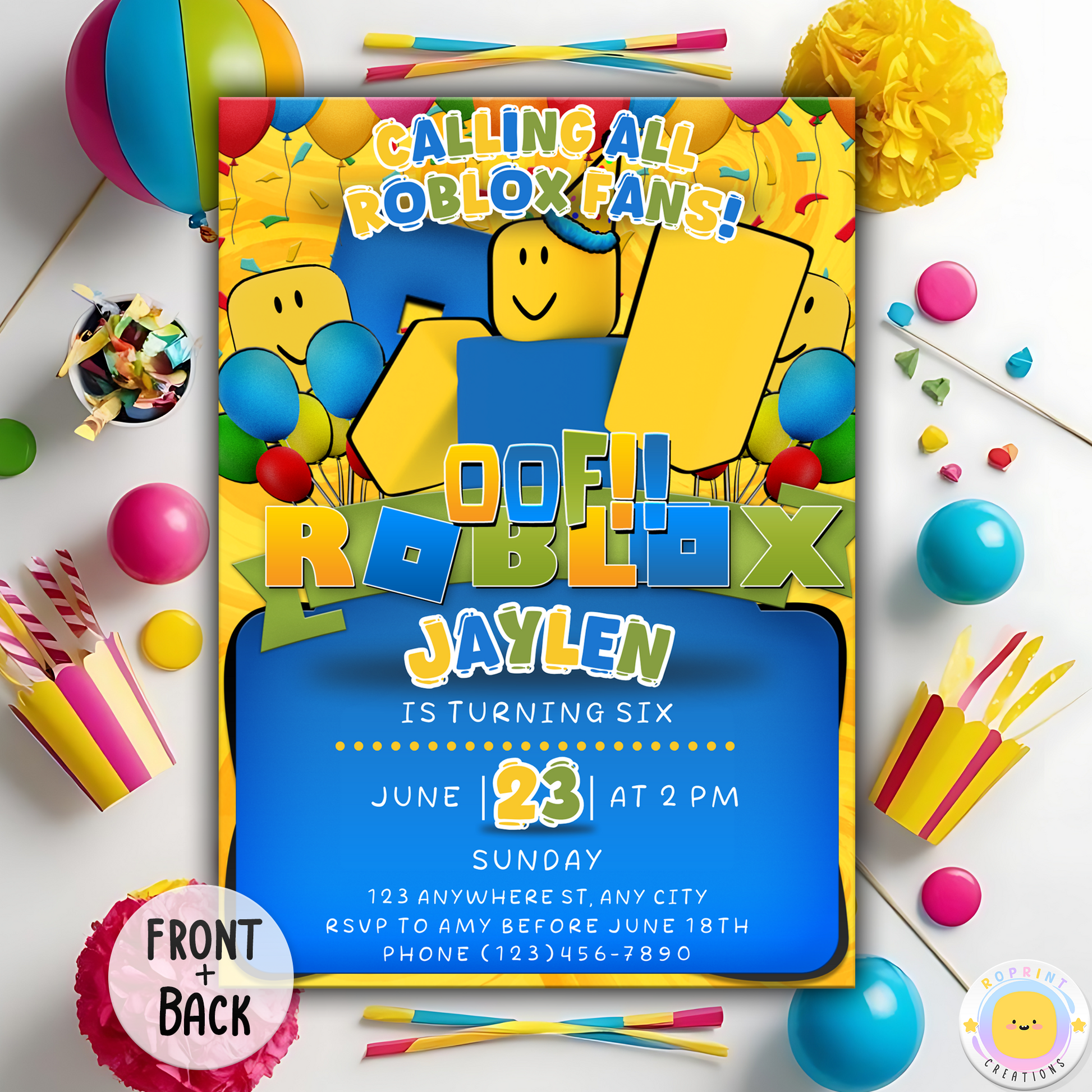 Digital printable Roblox Noob inspired birthday invitation, ideal for a fun kids' birthday celebration.