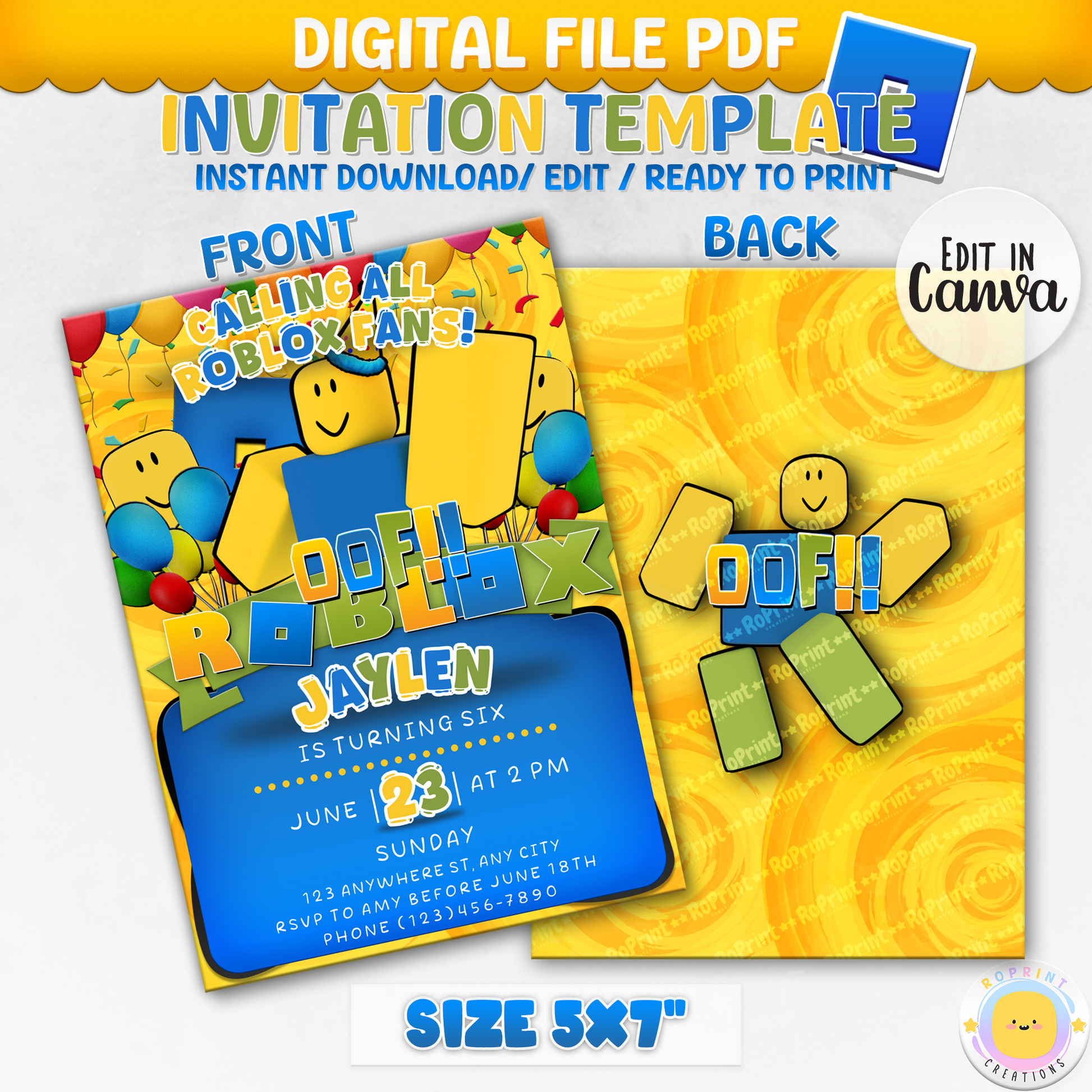 Digital printable Roblox Noob inspired birthday invitation, ideal for a fun kids' birthday celebration.