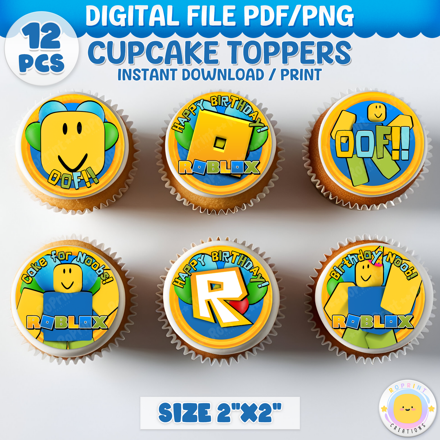 Roblox Noob Cupcake Toppers - Roblox Birthday Cupcake Toppers. Add a fun touch to your celebration with these Roblox Noob Cupcake Toppers! Instantly download, print, and assemble for a unique party decoration. These toppers can also be printed on edible paper or sticker paper to create fun stickers. Digital file only.