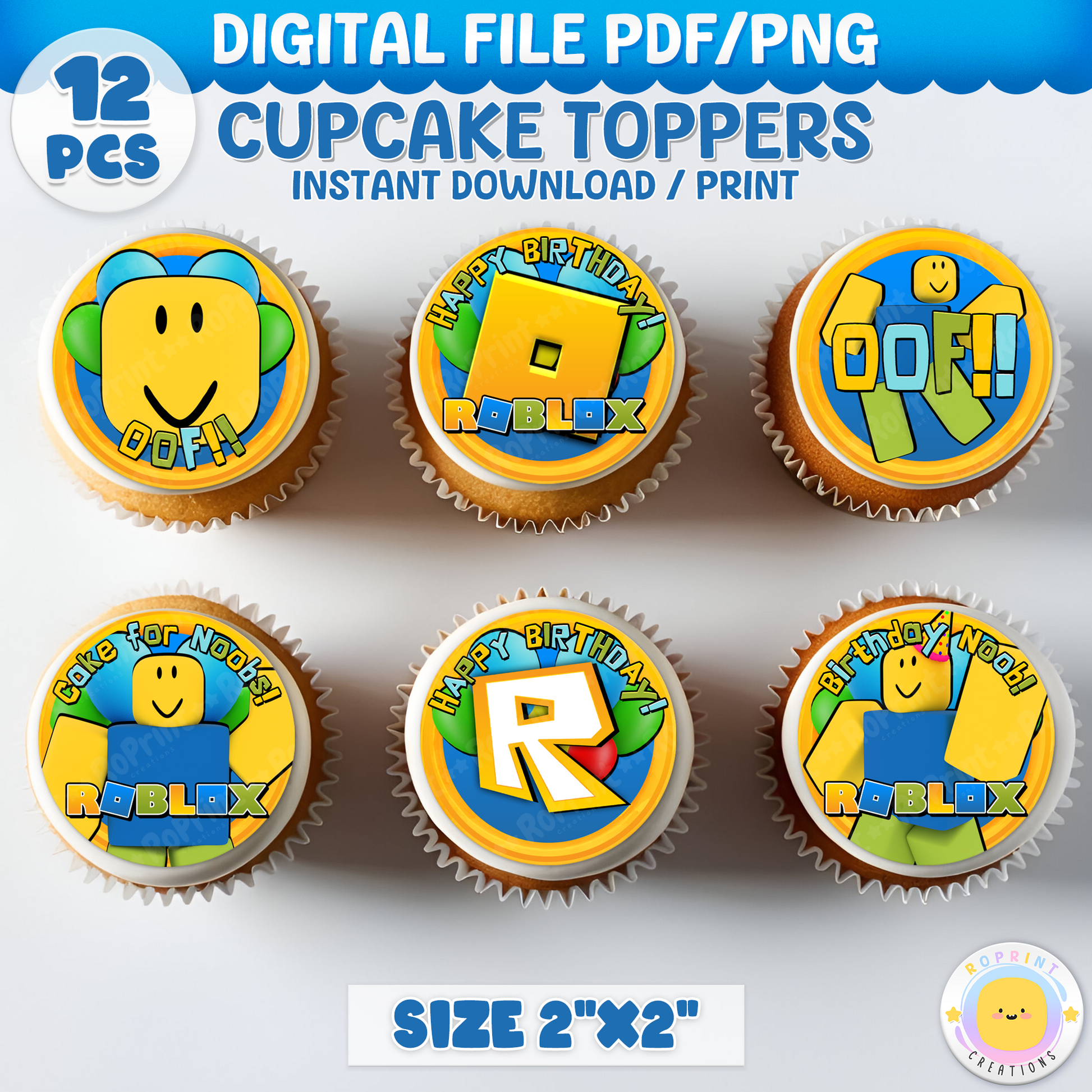 Roblox Noob Cupcake Toppers - Roblox Birthday Cupcake Toppers. Add a fun touch to your celebration with these Roblox Noob Cupcake Toppers! Instantly download, print, and assemble for a unique party decoration. These toppers can also be printed on edible paper or sticker paper to create fun stickers. Digital file only.