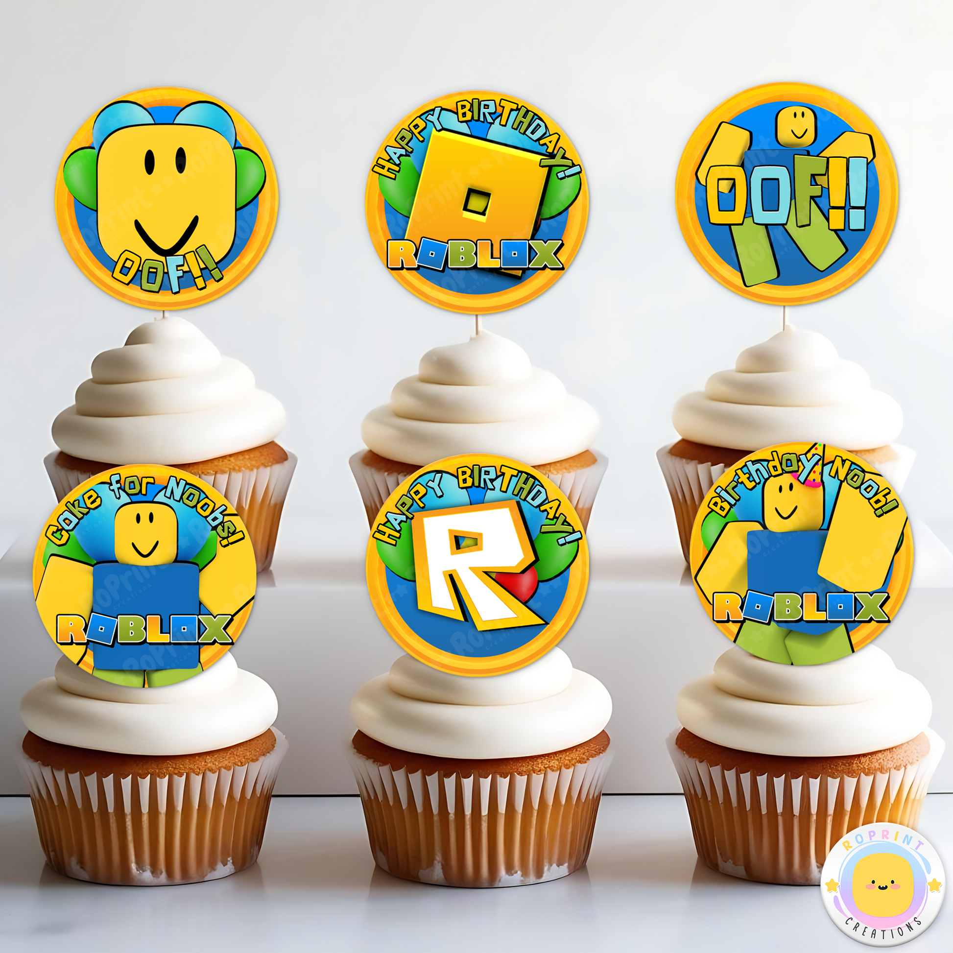 Roblox Noob Cupcake Toppers - Roblox Birthday Cupcake Toppers. Add a fun touch to your celebration with these Roblox Noob Cupcake Toppers! Instantly download, print, and assemble for a unique party decoration. These toppers can also be printed on edible paper or sticker paper to create fun stickers. Digital file only.
