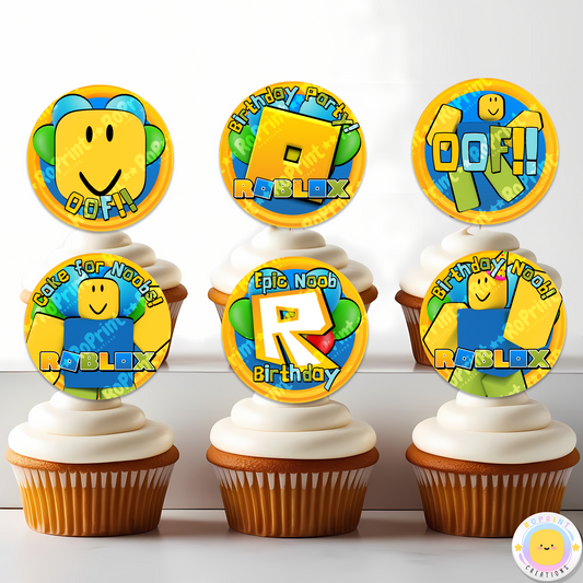 Digital printable Roblox Noob inspired cupcake toppers, perfect for a fun and playful kids' birthday party.