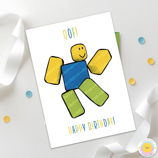 Digital printable Roblox Noob "OOF" birthday card, perfect for a fun and humorous kids' birthday celebration.