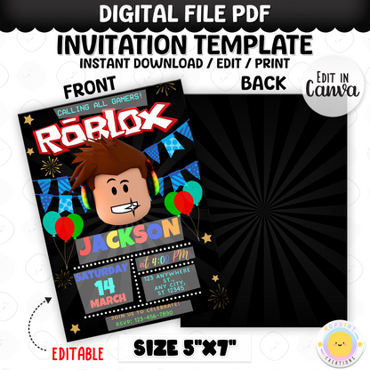 Level up your party with this Roblox-themed birthday invitation! Edit easily in Canva and print or share digitally. Instant download