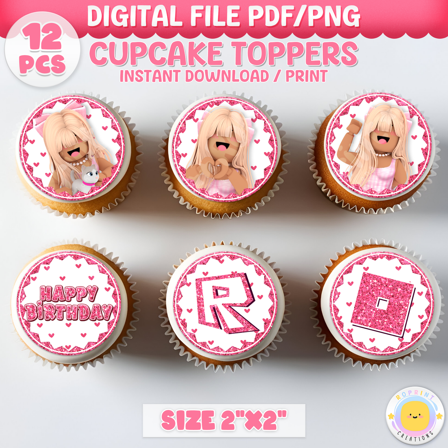 Roblox Pink Glitter Cupcake Toppers - Roblox African American Pink Glitter Cupcake Toppers. Add a fun touch to your celebration with these Roblox Pink Glitter Cupcake Toppers! Instantly download, print, and assemble for a unique party decoration. These toppers can also be printed on edible paper or sticker paper to create fun stickers. Digital file only.
