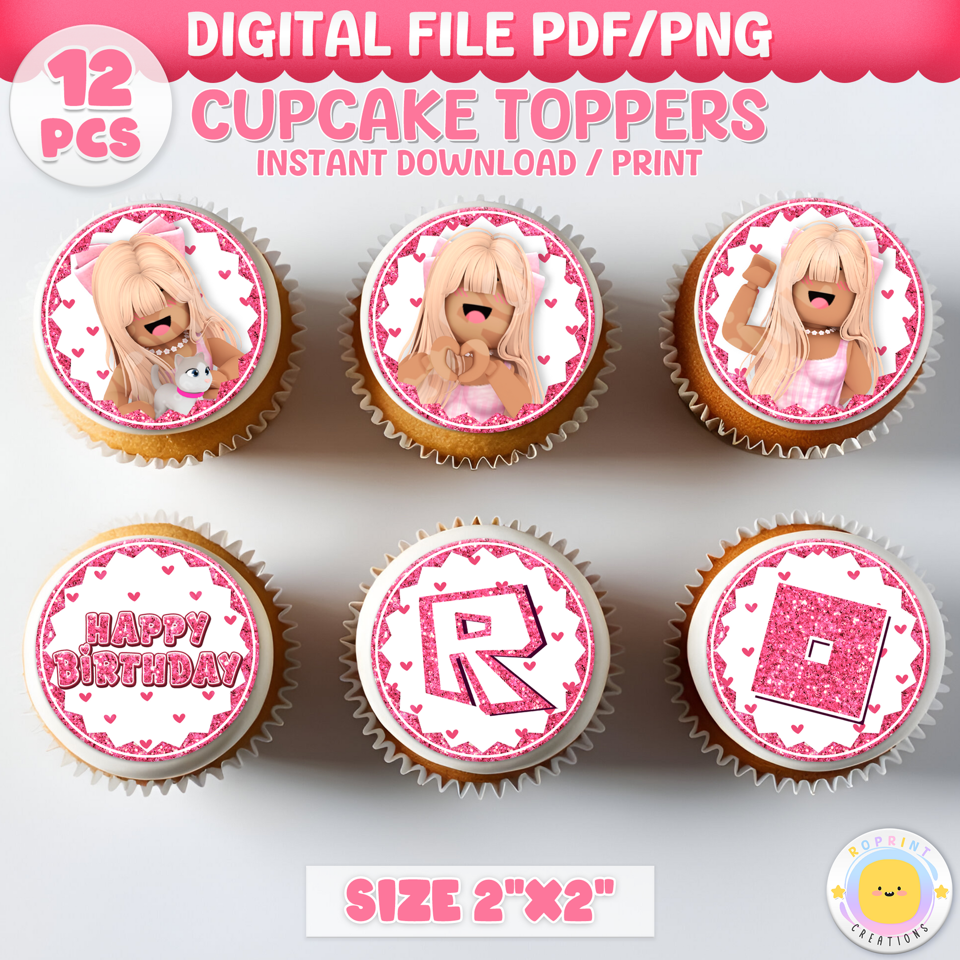 Roblox Pink Glitter Cupcake Toppers - Roblox African American Pink Glitter Cupcake Toppers. Add a fun touch to your celebration with these Roblox Pink Glitter Cupcake Toppers! Instantly download, print, and assemble for a unique party decoration. These toppers can also be printed on edible paper or sticker paper to create fun stickers. Digital file only.