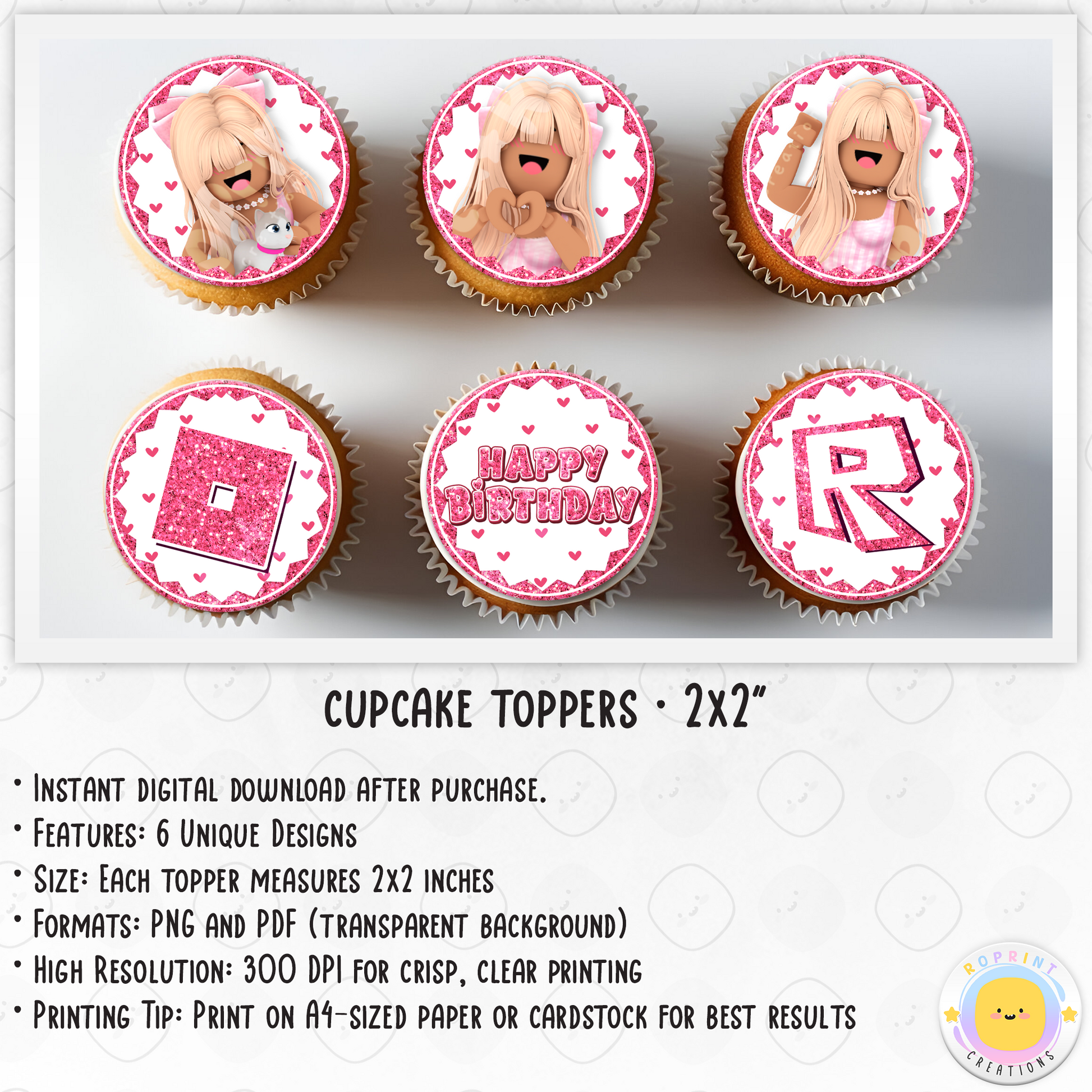 Roblox Pink Glitter Cupcake Toppers - Roblox African American Pink Glitter Cupcake Toppers. Add a fun touch to your celebration with these Roblox Pink Glitter Cupcake Toppers! Instantly download, print, and assemble for a unique party decoration. These toppers can also be printed on edible paper or sticker paper to create fun stickers. Digital file only.
