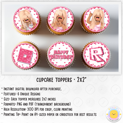 Roblox Pink Glitter Cupcake Toppers - Roblox African American Pink Glitter Cupcake Toppers. Add a fun touch to your celebration with these Roblox Pink Glitter Cupcake Toppers! Instantly download, print, and assemble for a unique party decoration. These toppers can also be printed on edible paper or sticker paper to create fun stickers. Digital file only.