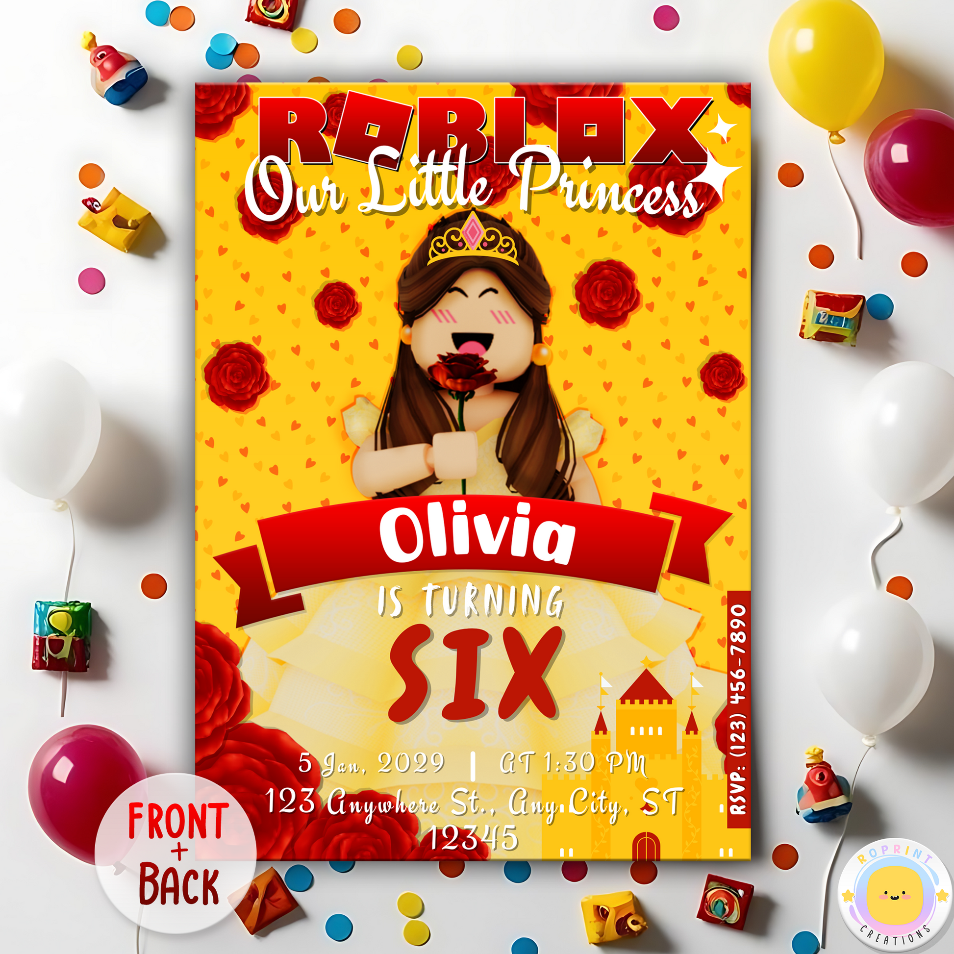 Digital printable Roblox Princess Belle inspired birthday invitation, perfect for a magical kids' birthday party.