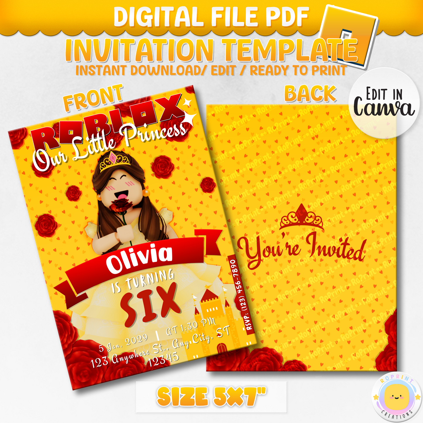 Digital printable Roblox Princess Belle inspired birthday invitation, perfect for a magical kids' birthday party.