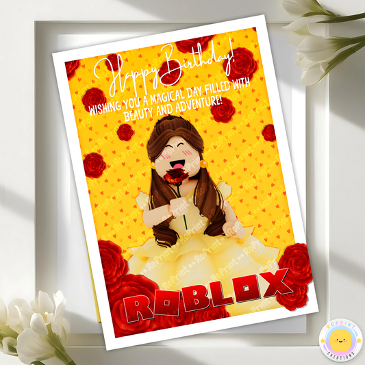 Digital printable Roblox Princess Belle greeting card, perfect for a magical kids' birthday celebration.