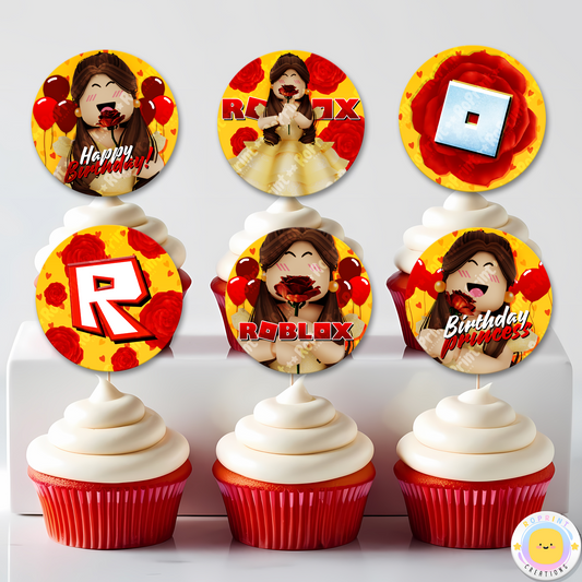 Digital printable Roblox Princess Belle inspired cupcake toppers, perfect for a magical kids' birthday party.