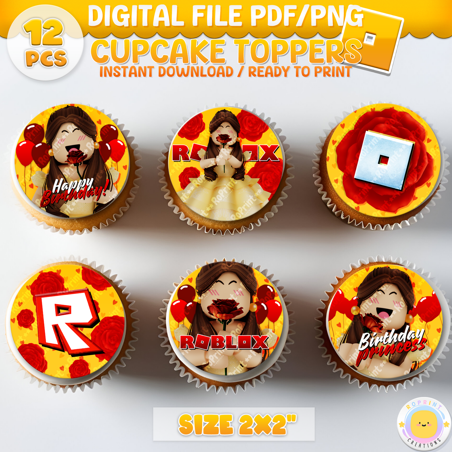 Digital printable Roblox Princess Belle inspired cupcake toppers, perfect for a magical kids' birthday party.