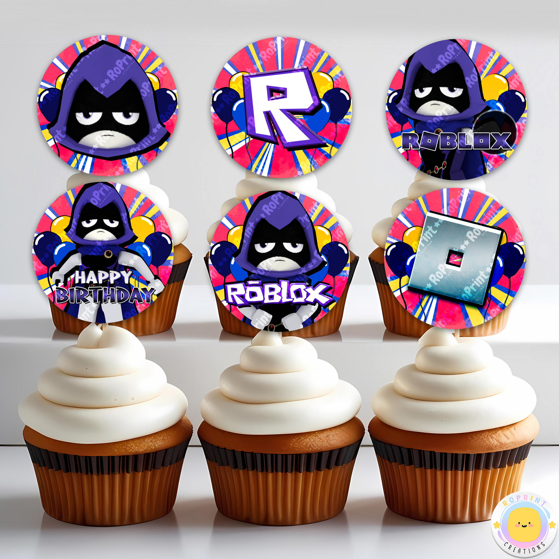 Digital printable Roblox Raven inspired cupcake toppers, perfect for a superhero-themed kids' birthday party.