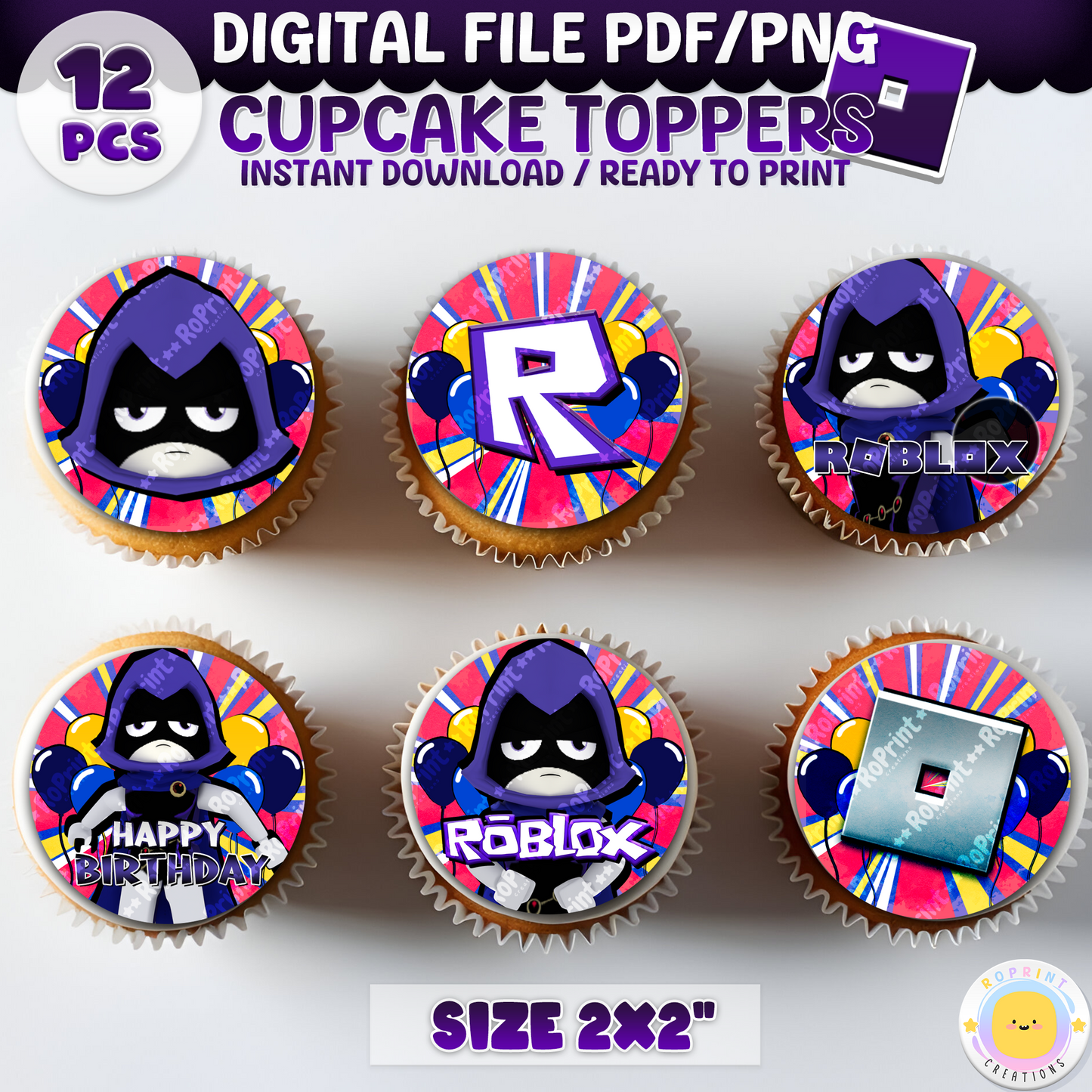 Digital printable Roblox Raven inspired cupcake toppers, perfect for a superhero-themed kids' birthday party.