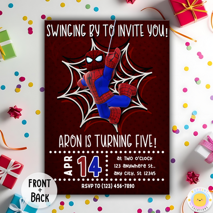 Digital printable Roblox Spiderman inspired birthday invitation template, ideal for a superhero-themed kids' party.