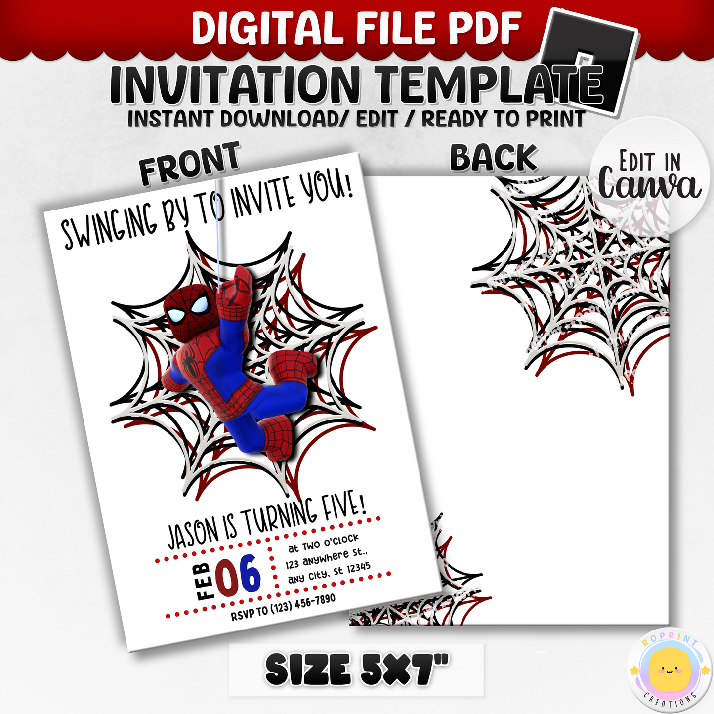 Digital printable Roblox Spiderman themed birthday invitation, perfect for an action-packed kids' birthday celebration.