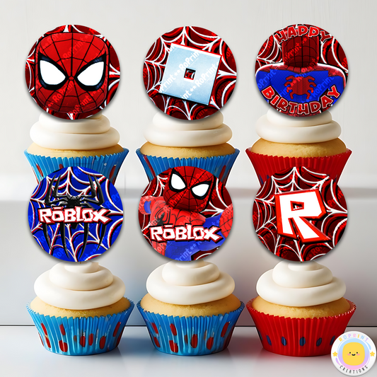 Digital printable Roblox Spiderman inspired cupcake toppers, ideal for a superhero-themed kids' birthday celebration.