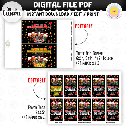 Level up your celebration with this Roblox Birthday Party Collection! Choose from editable party favors and decor, personalize in Canva, then print at home or use professionally for a gamer-themed birthday experience.