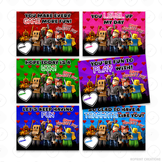 Printable Roblox Valentine cards. Perfect for classroom Valentine exchanges, school parties, and fans of Roblox-themed designs.