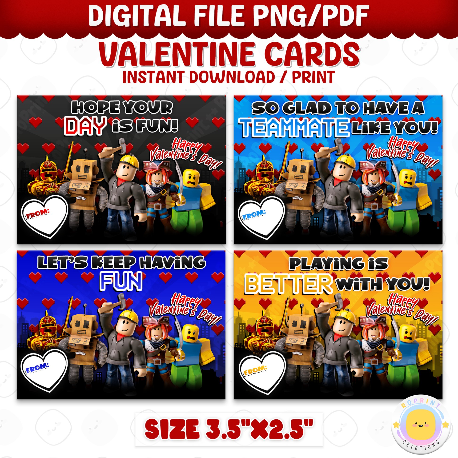 Printable Roblox Valentine cards. Perfect for classroom Valentine exchanges, school parties, and fans of Roblox-themed designs.