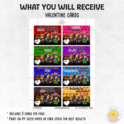 Printable Roblox Valentine cards. Perfect for classroom Valentine exchanges, school parties, and fans of Roblox-themed designs.