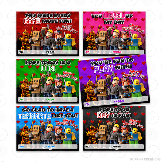 Roblox Valentine cards, printable classroom Valentine exchange cards with kid-friendly Roblox designs