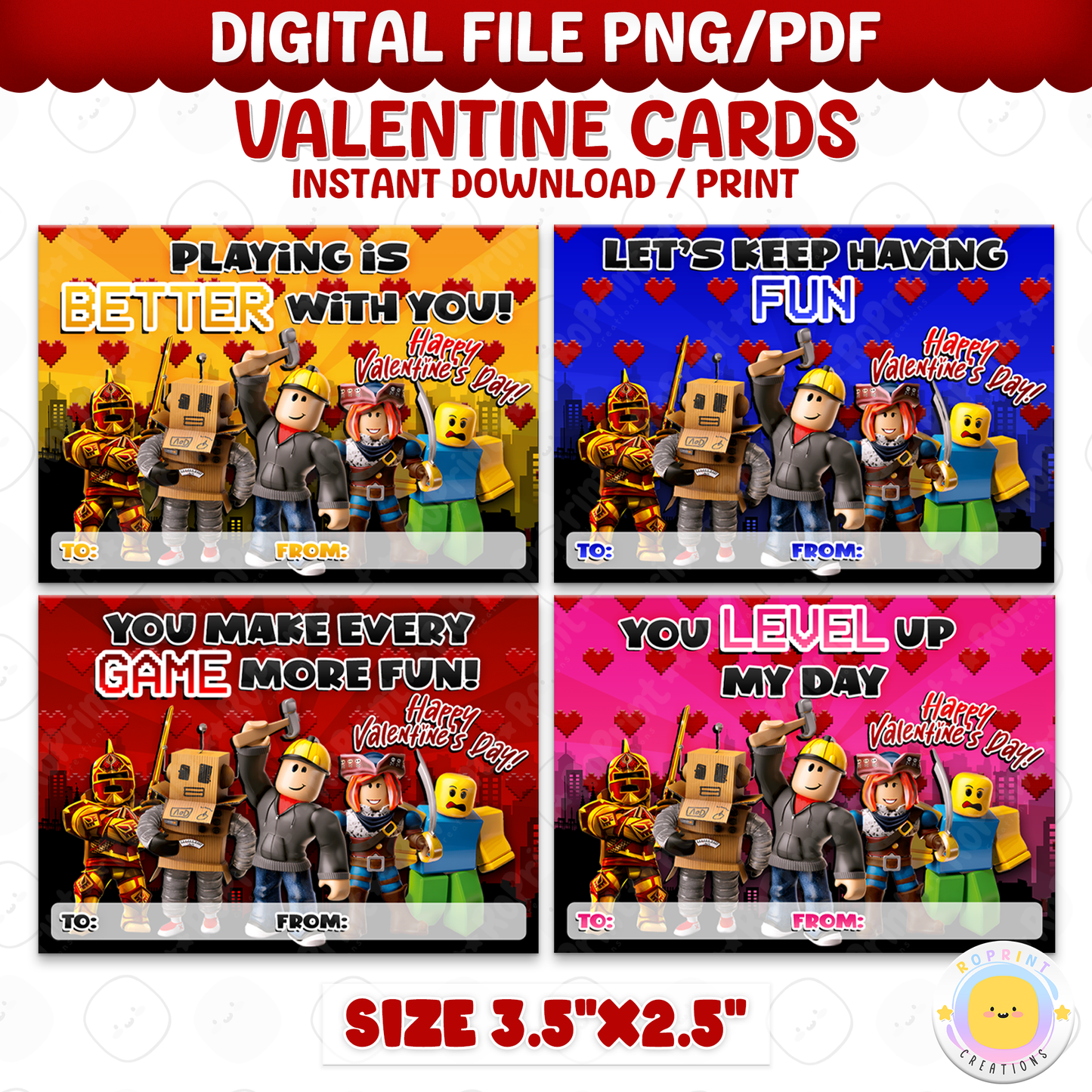 Roblox Valentine cards, printable classroom Valentine exchange cards with kid-friendly Roblox designs