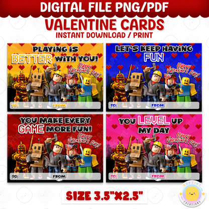 Roblox Valentine cards, printable classroom Valentine exchange cards with kid-friendly Roblox designs