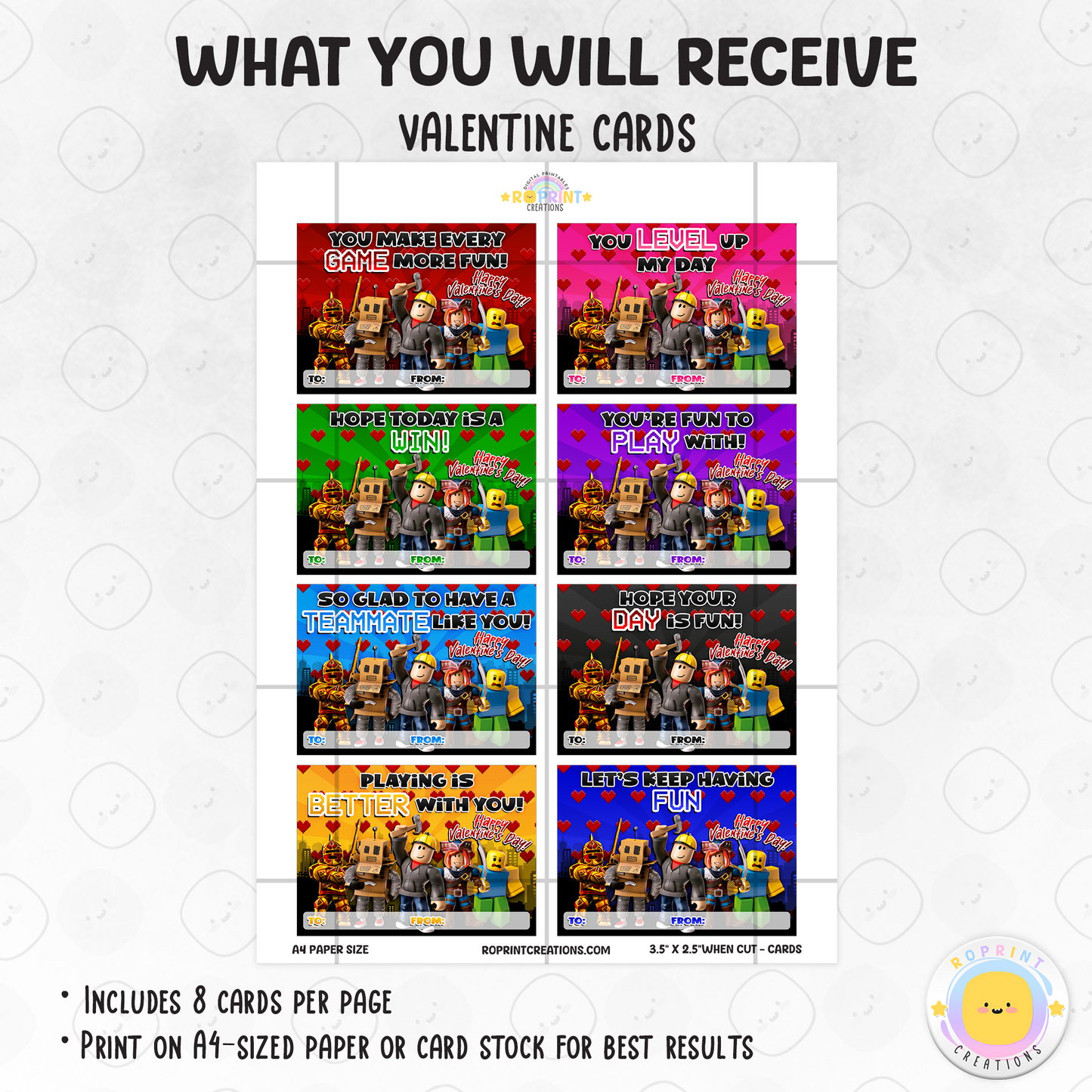 Roblox Valentine cards, printable classroom Valentine exchange cards with kid-friendly Roblox designs
