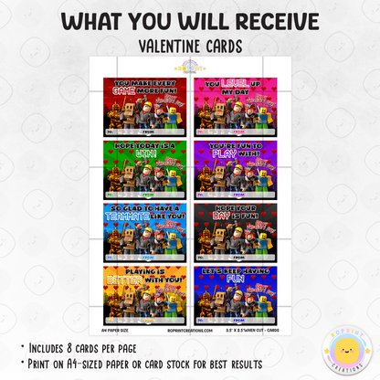 Roblox Valentine cards, printable classroom Valentine exchange cards with kid-friendly Roblox designs