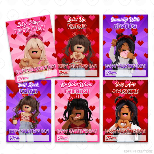 Roblox Valentine cards for girls, printable classroom Valentine exchange cards with kid-friendly Roblox designs