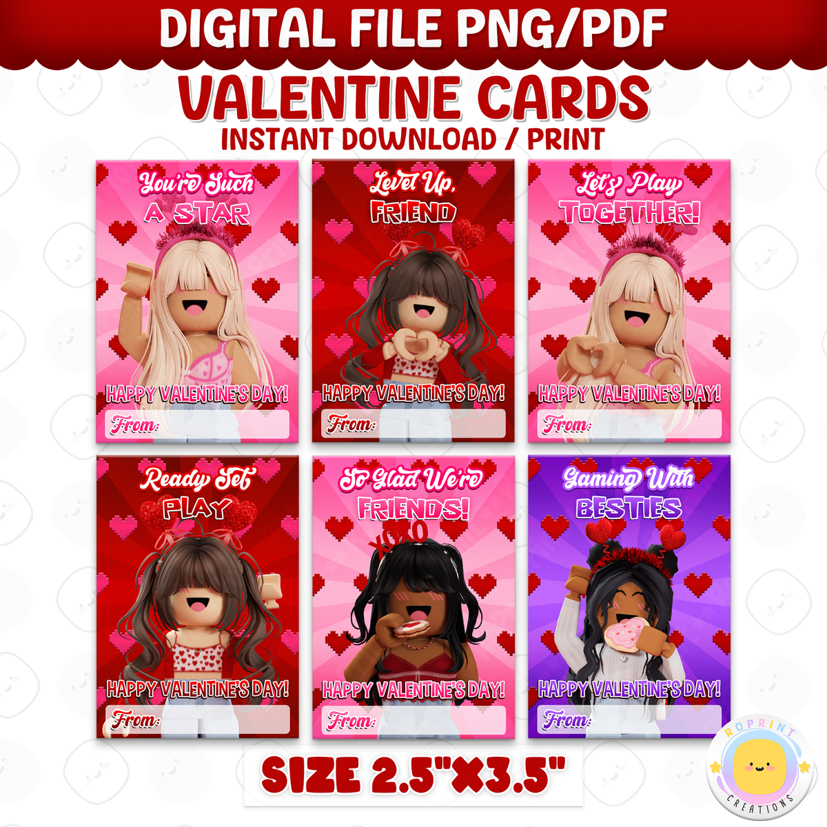 Roblox Valentine cards for girls, printable classroom Valentine exchange cards with kid-friendly Roblox designs