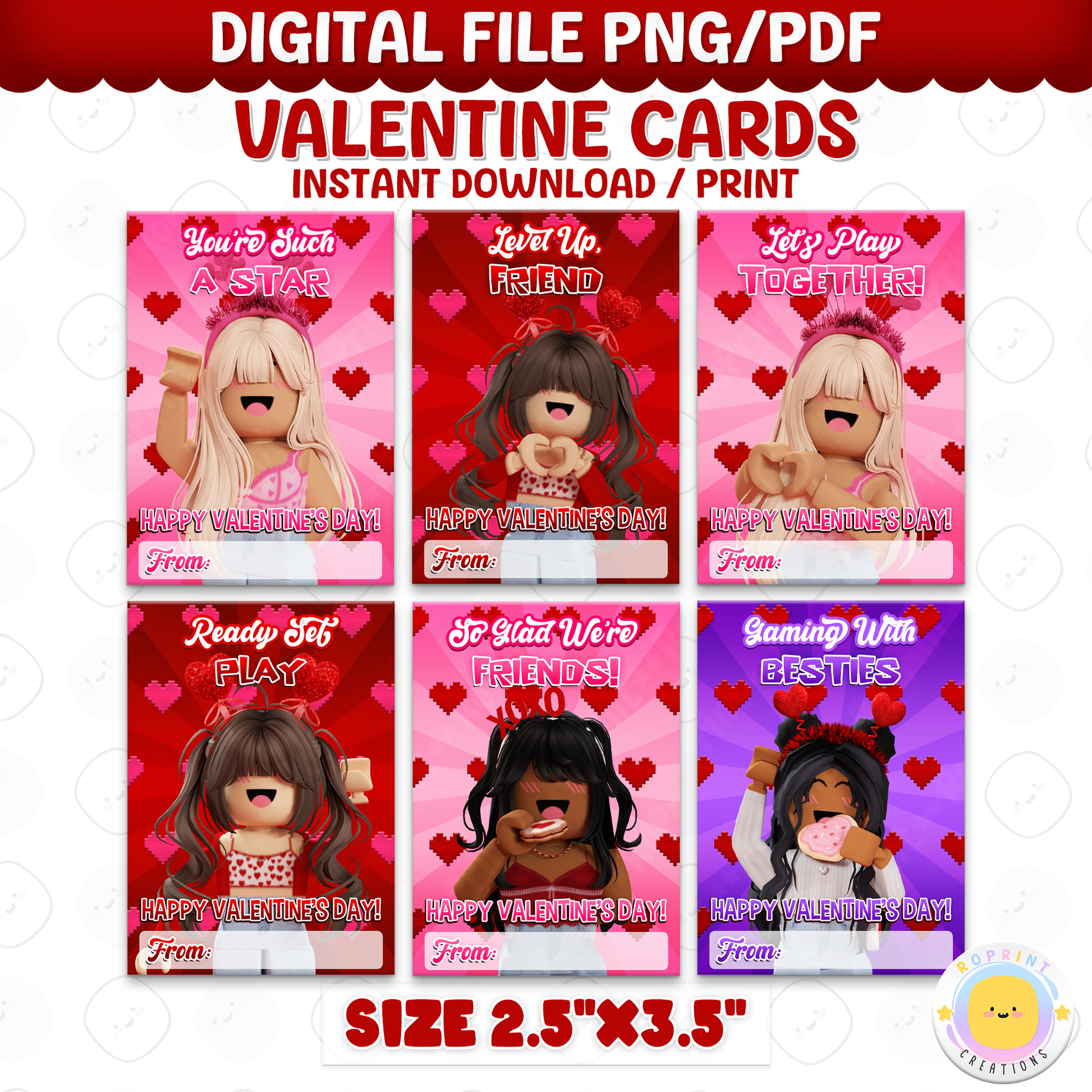 Roblox Valentine cards for girls, printable classroom Valentine exchange cards with kid-friendly Roblox designs