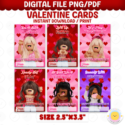Roblox Valentine cards for girls, printable classroom Valentine exchange cards with kid-friendly Roblox designs
