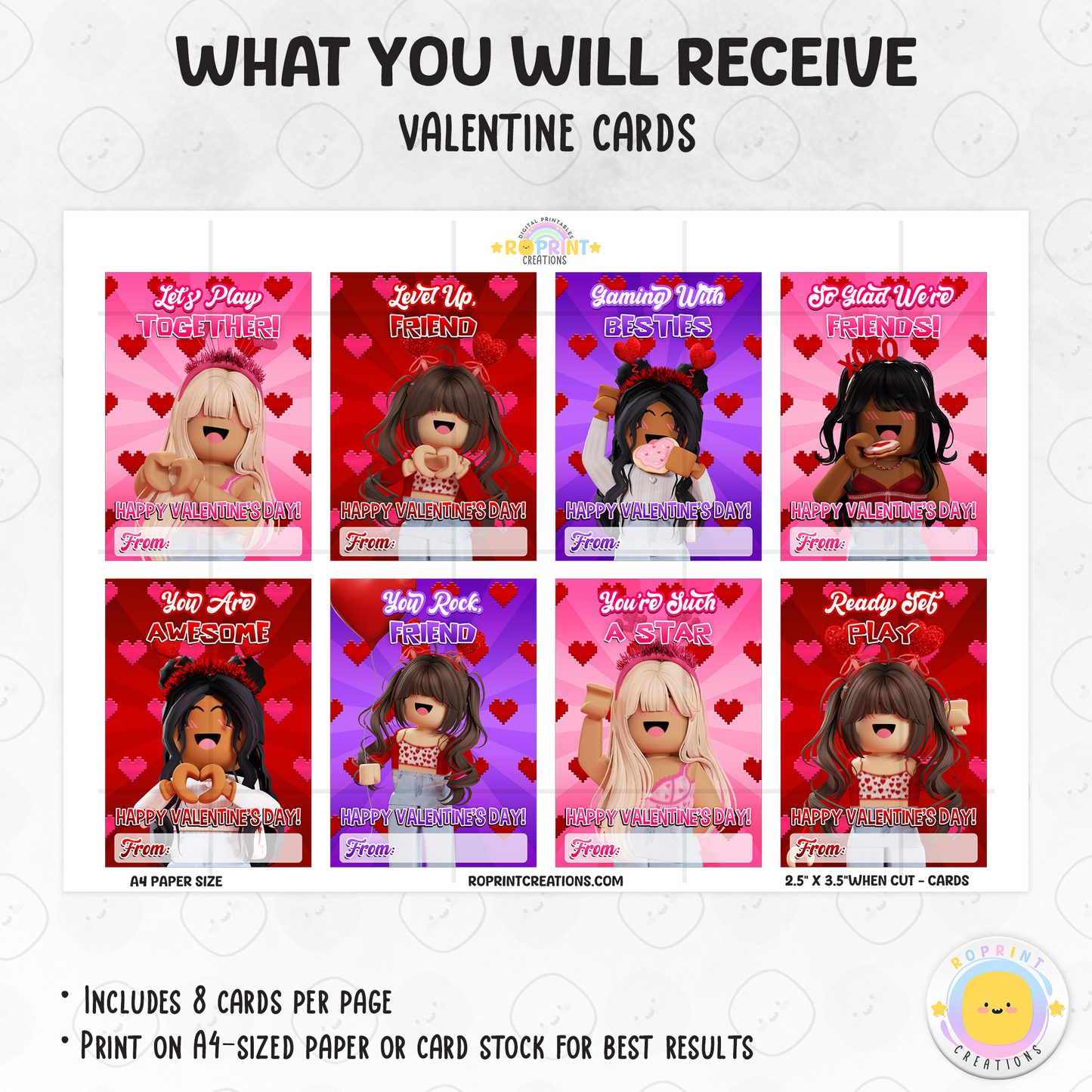 Roblox Valentine cards for girls, printable classroom Valentine exchange cards with kid-friendly Roblox designs