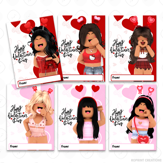 Roblox Valentine cards for girls, printable classroom Valentine exchange cards with kid-friendly Roblox designs