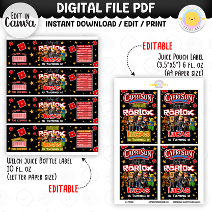 Level up your celebration with this Roblox Birthday Party Collection! Choose from editable party favors and decor, personalize in Canva, then print at home or use professionally for a gamer-themed birthday experience.