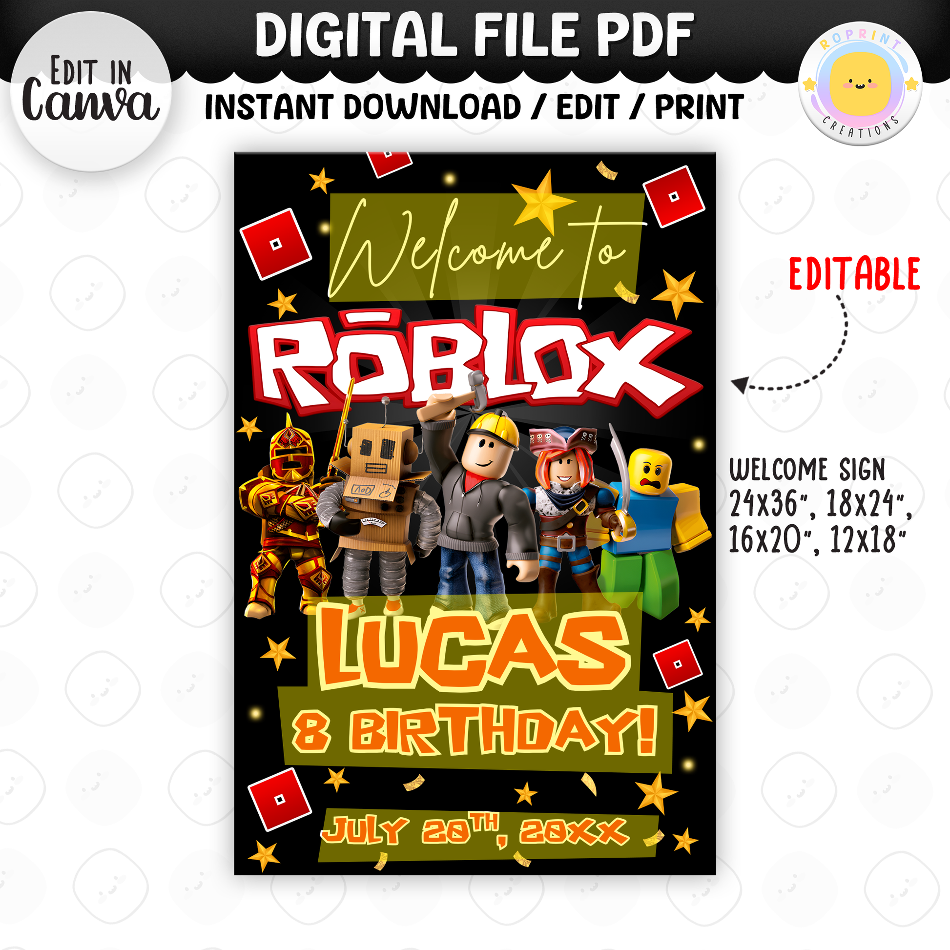 Level up your celebration with this Roblox Birthday Party Collection! Choose from editable party favors and decor, personalize in Canva, then print at home or use professionally for a gamer-themed birthday experience.