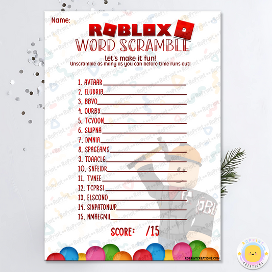 Digital printable Roblox word scramble game, ideal for adding fun to kids' parties and celebrations.