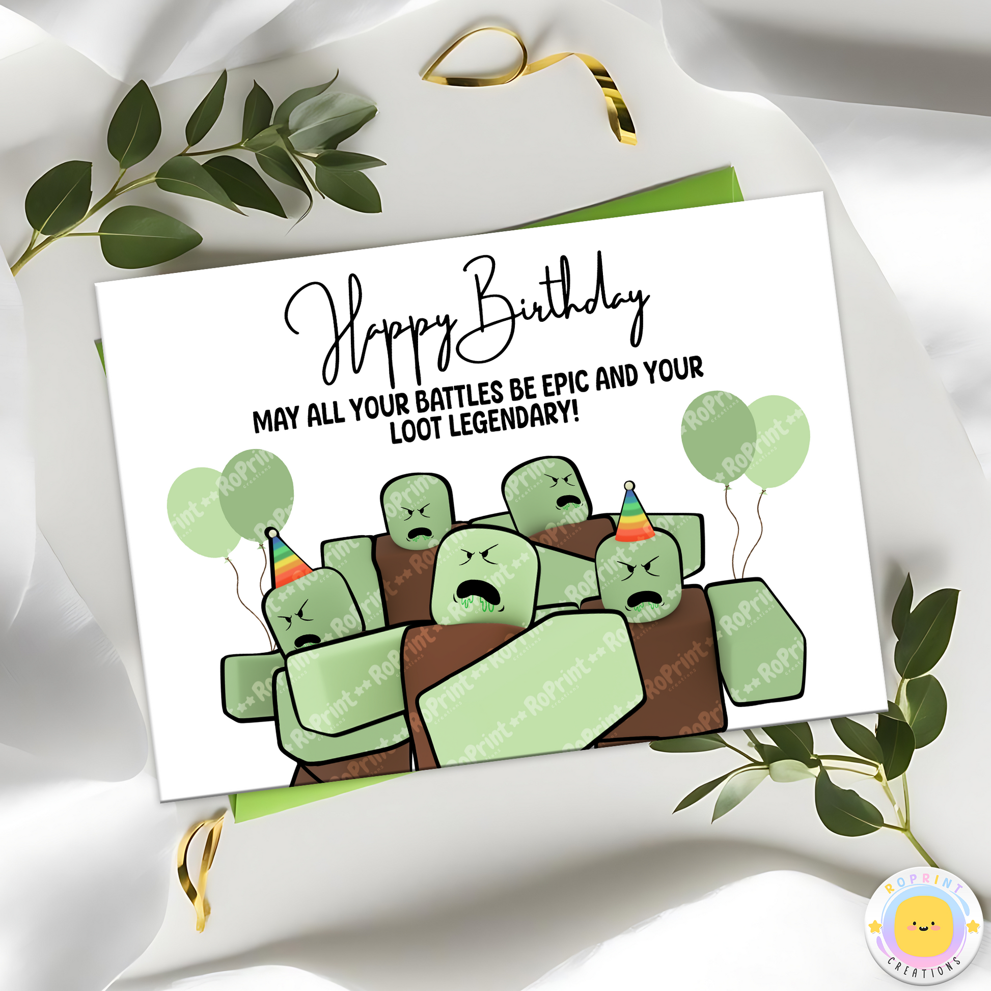 Digital printable Roblox Zombie inspired birthday card, perfect for a spooky or Halloween-themed kids' celebration.