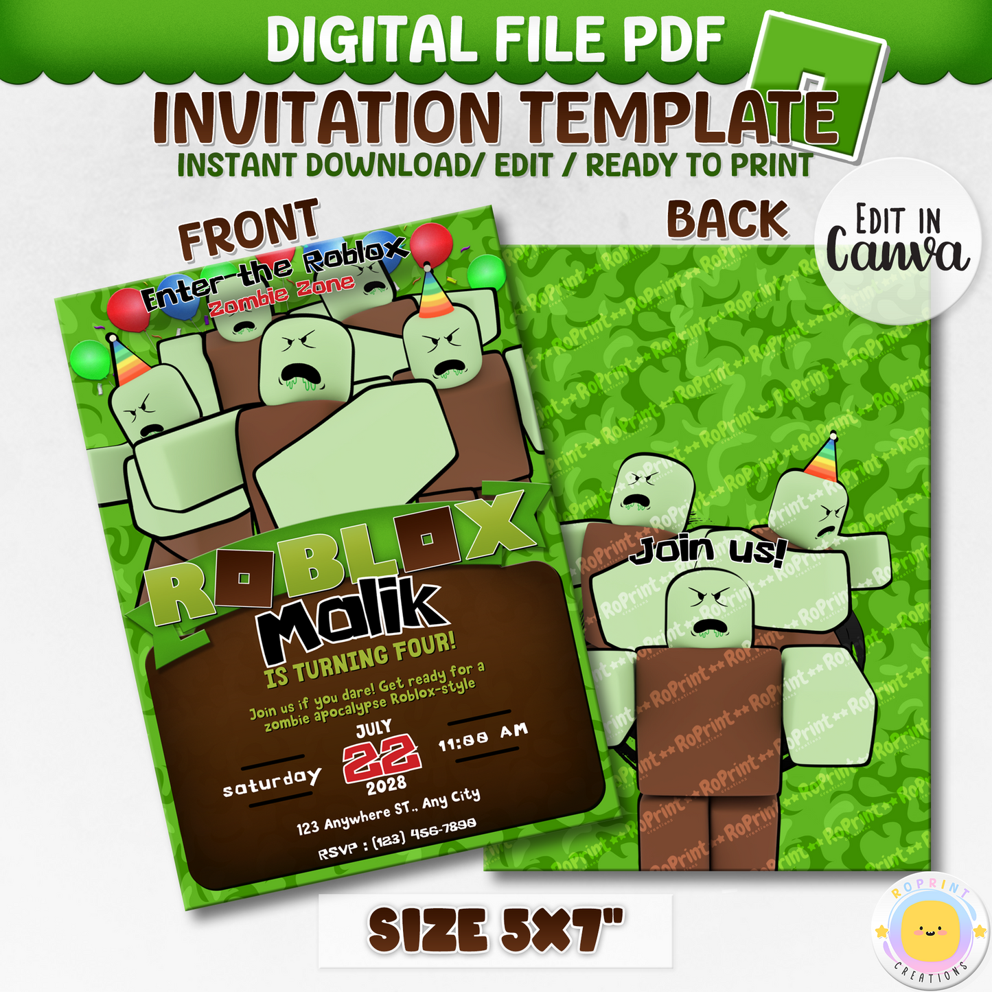 Digital printable Roblox Zombie inspired birthday invitation template, ideal for a spooky or Halloween-themed kids' party.