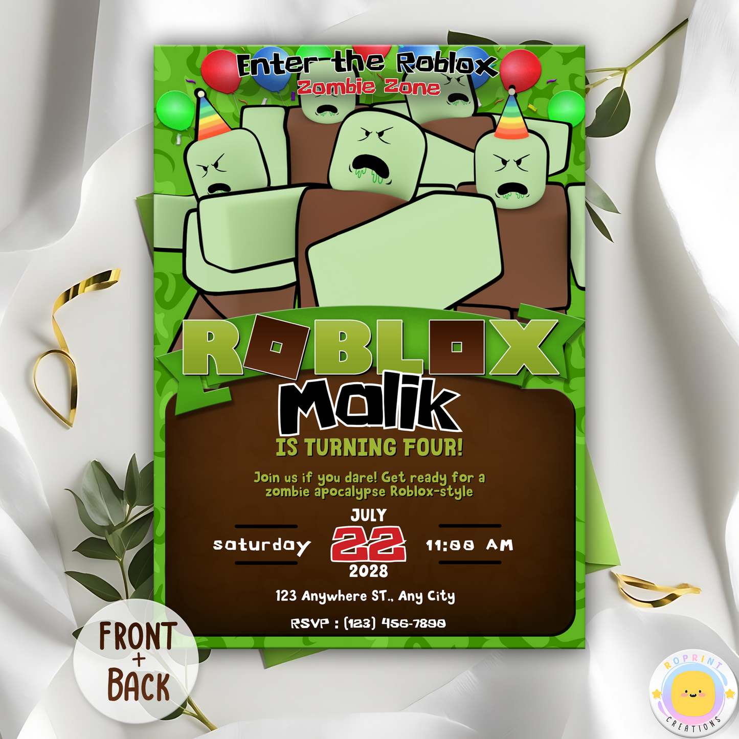 Digital printable Roblox Zombie inspired birthday invitation template, ideal for a spooky or Halloween-themed kids' party.