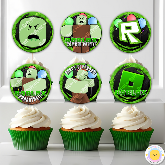 Digital printable Roblox Zombie inspired cupcake toppers, perfect for a spooky or Halloween-themed kids' party.