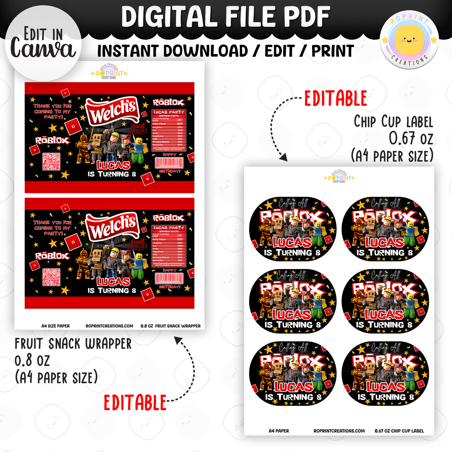 Level up your celebration with this Roblox Birthday Party Collection! Choose from editable party favors and decor, personalize in Canva, then print at home or use professionally for a gamer-themed birthday experience.