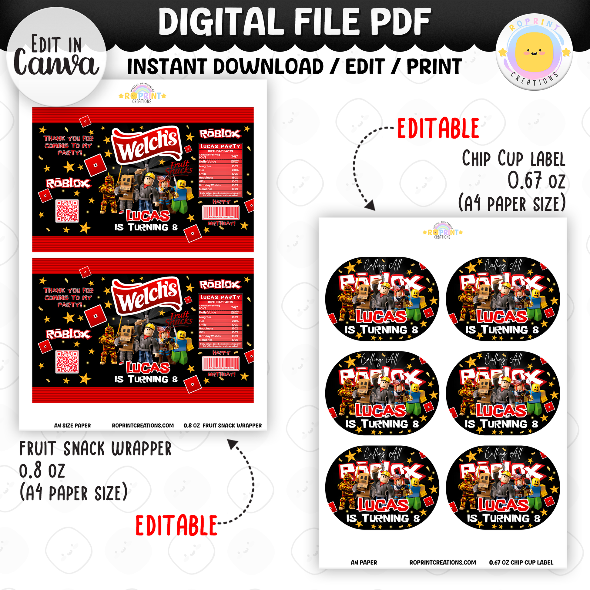 Level up your celebration with this Roblox Birthday Party Collection! Choose from editable party favors and decor, personalize in Canva, then print at home or use professionally for a gamer-themed birthday experience.